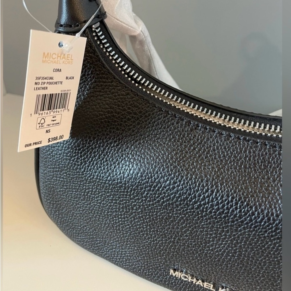 NWT Michael Kors Pebble Leather Cora Pouchette - Black with Silver Hardware - Picture 6 of 9